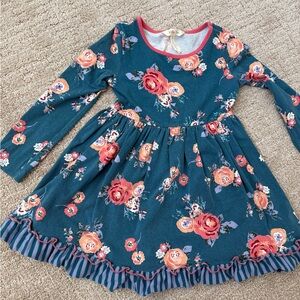 Matilda Jane Teal Floral Long-Sleeve Dress with Coral Rose Accents